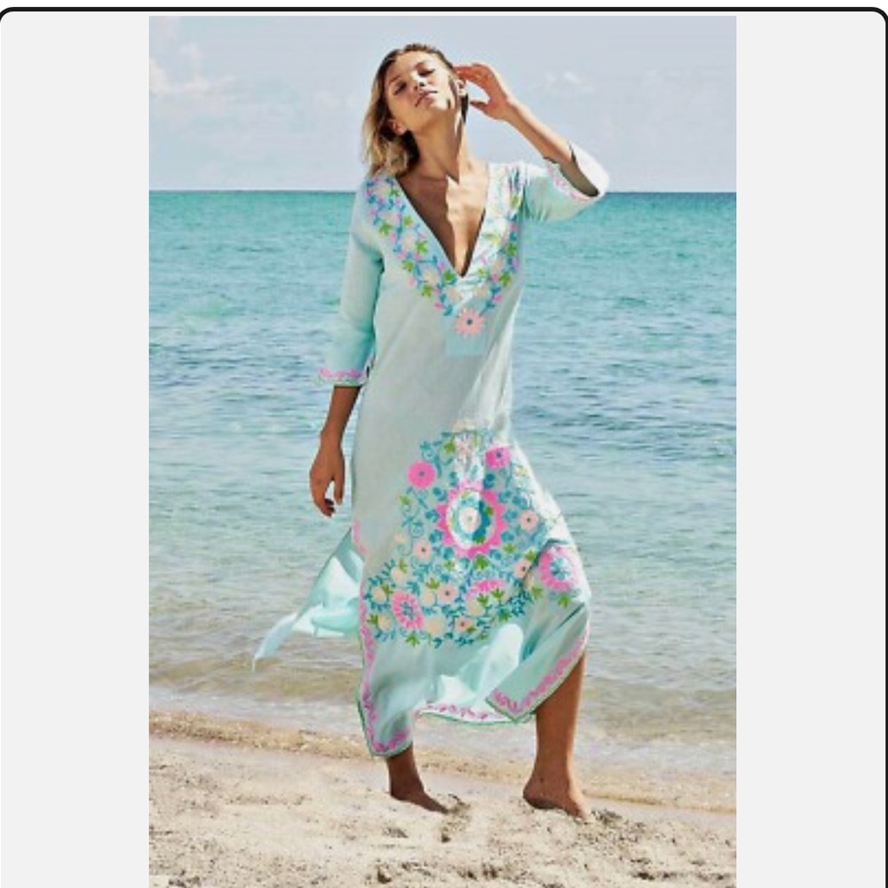Debbie Katz South Beach Embroidered Aqua Maxi Dress